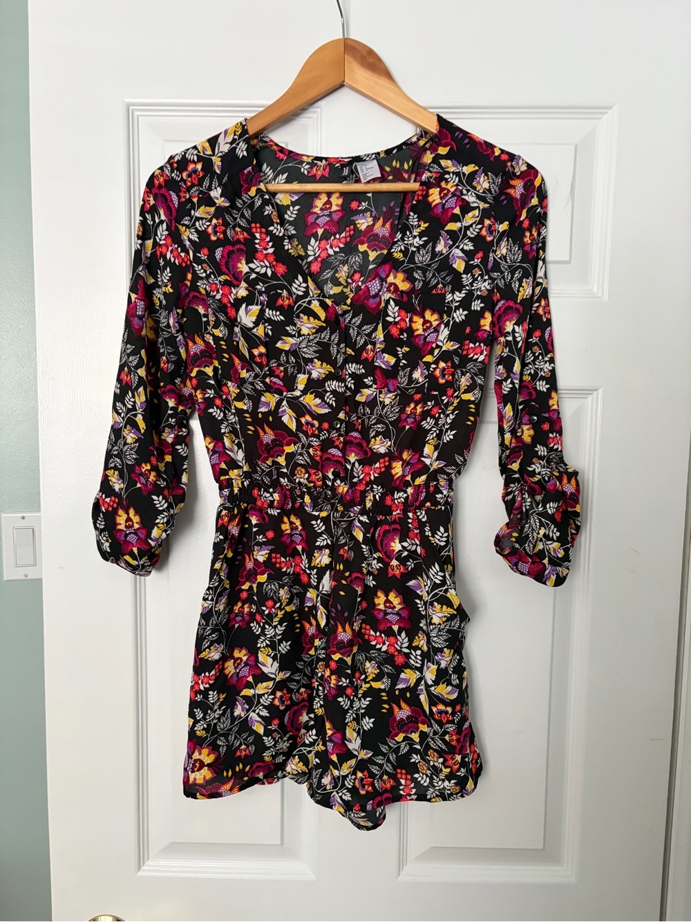 H&M Black Floral Romper with Pink & Yellow Accents